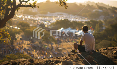 festival goer figure perched atop a hill overlooking a one of the largest summer music festival festival goer figure perched atop a hill overlooking a one of the largest summer music festival 114638881