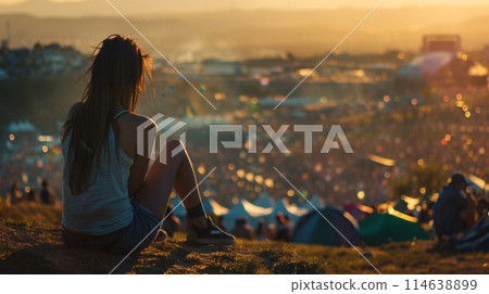 festival goer figure perched atop a hill overlooking a one of the largest summer music festival 114638899