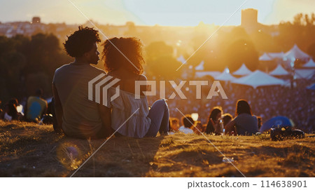 festival goer figure perched atop a hill overlooking a one of the largest summer music festival 114638901