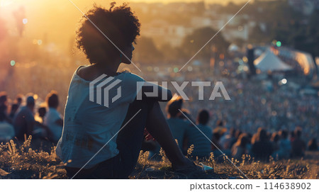 festival goer figure perched atop a hill overlooking a one of the largest summer music festival 114638902