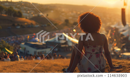 festival goer figure perched atop a hill overlooking a one of the largest summer music festival festival goer figure perched atop a hill overlooking a one of the largest summer music festival 114638903