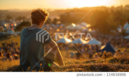 festival goer figure perched atop a hill overlooking a one of the largest summer music festival 114638906
