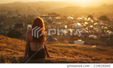 festival goer figure perched atop a hill overlooking a one of the largest summer music festival 114638908