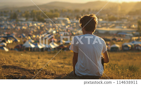 festival goer figure perched atop a hill overlooking a one of the largest summer music festival 114638911