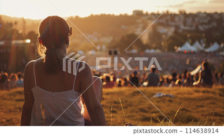 festival goer figure perched atop a hill overlooking a one of the largest summer music festival 114638914