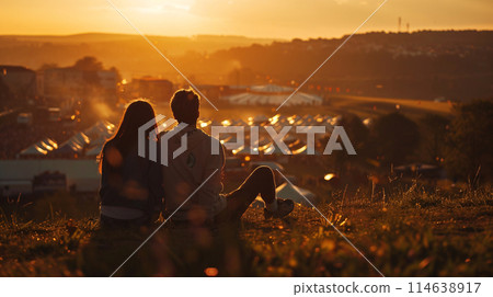 festival goer figure perched atop a hill overlooking a one of the largest summer music festival 114638917