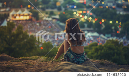 festival goer figure perched atop a hill overlooking a one of the largest summer music festival 114638920
