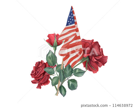 Deep red roses with USA waving flag. Garden red flowers. Commemorative composition. American national holiday. Memorial day, Independence day. Watercolor illustration isolated on white. Deep red roses with USA waving flag. Garden red flowers. Commemorative composition. American national holiday. Memorial day, Independence day. Watercolor illustration isolated on white. 114638972
