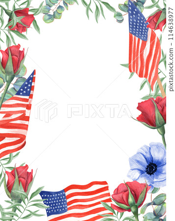 Roses and anemones with American flags. Red, blue flowers with green leaves. Floral vertical frame with empty space for text. Memorial day, Veteran day. Watercolor illustration isolated on white. 114638977
