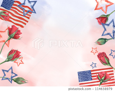 Red roses, American flags, stars on blue red abstract grunge blot. Horizontal frame national colors. United State Memorial day design card with empty space. Watercolor illustration. For greeting 114638979