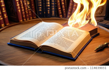 Fiery Tome on Scholar's Desk 114639031