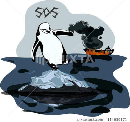 Oil spill in sea and dirty penguin. Environment disaster, ocean pollution, ecology catastrophe 114639171