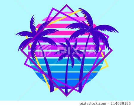 Retro sci-fi palm trees from the 80s at sunset in a square frame. Retro futuristic sun with palm trees. Synthwave and Retrowave style. Design of advertising banners and posters. Vector illustration Retro sci-fi palm trees from the 80s at sunset in a square frame. Retro futuristic sun with palm trees. Synthwave and Retrowave style. Design of advertising banners and posters. Vector illustration 114639195