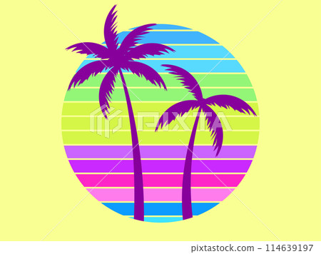 Tropical palm trees at sunset in a futuristic 80s style. Summer time, silhouettes of palm trees in synthwave and retrowave style. Design of advertising booklets and banners. Vector illustration Tropical palm trees at sunset in a futuristic 80s style. Summer time, silhouettes of palm trees in synthwave and retrowave style. Design of advertising booklets and banners. Vector illustration 114639197