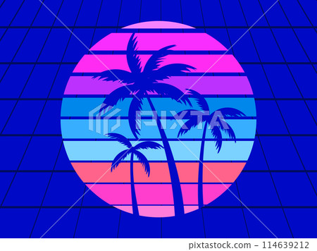 Retro sci-fi 80s palms at retro sunset. Futuristic sun with palm trees. A virtual reality. Synthwave and retrowave style. Background for printing, advertising material and banners. Vector illustration Retro sci-fi 80s palms at retro sunset. Futuristic sun with palm trees. A virtual reality. Synthwave and retrowave style. Background for printing, advertising material and banners. Vector illustration 114639212