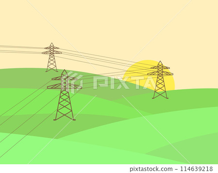 High-voltage power line among green hills. Wavy landscape with power line supports in a minimalist style. Transmission towers at dawn. Design for poster, cover and banner. Vector illustration High-voltage power line among green hills. Wavy landscape with power line supports in a minimalist style. Transmission towers at dawn. Design for poster, cover and banner. Vector illustration 114639218