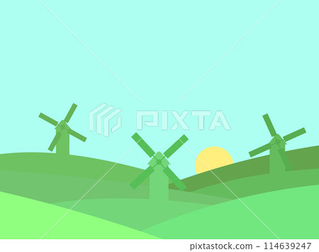 Landscape with green hills and mills in a minimalist style. Countryside with windmills, fields and sun. Design for covers, banners and promotional products. Vector illustration 114639247