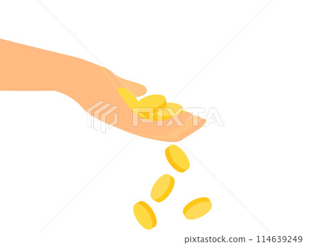 Coins on the palm isolated on a white background. Gold coins fall from the palm. A hand holds a handful of coins. Design for print, banners and promotional products. Vector illustration 114639249