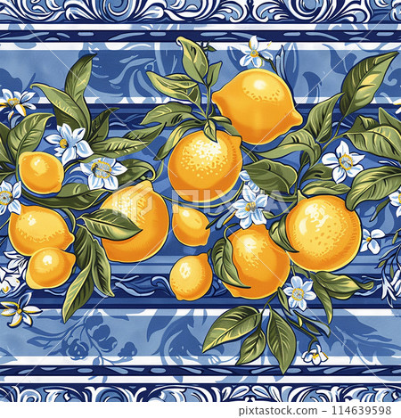 watercolor seamless pattern with lemons and blue ornament. vintage print 114639598