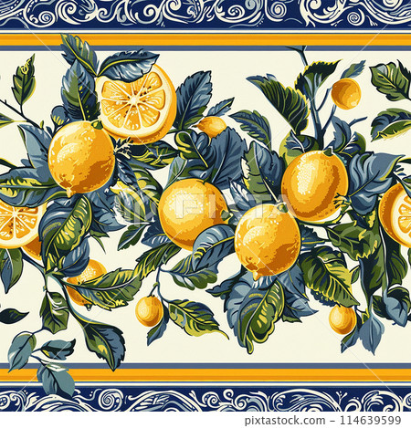 watercolor seamless pattern with lemons and blue ornament. vintage print 114639599