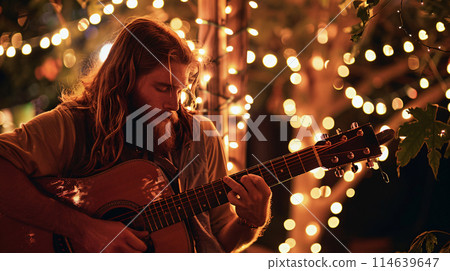 a lone hippy musician lost in the moment as they play their instrument under a canopy of twinkling fairy lights 114639647