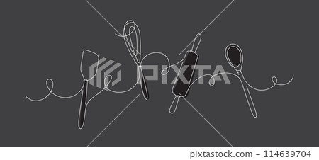 Bakery tools whisk, rolling pin, spatula silhouette black 114639704