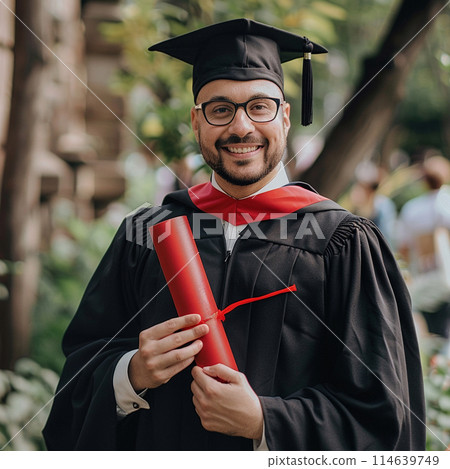 A man wearing graduation gown and holding diploma for ceremony celebration. 114639749