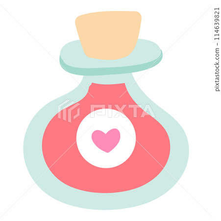 Love potion with heart in flat design. Magic drink for romantic feelings. Vector illustration isolated. Love potion with heart in flat design. Magic drink for romantic feelings. Vector illustration isolated. 114639821