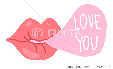 Female lips with Love you text in flat design. Romantic flirting message. Vector illustration isolated. 114639822