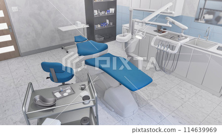 Bright interior of clean medical clinic office with empty dentist workplace - dental unit, comfortable chair and tools. Dentistry surgery room with modern equipment. With no people 3D illustration. 114639969