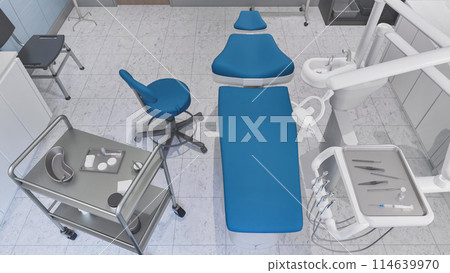 Top view of empty dentist workplace - dental unit, comfortable chair and tools in bright interior of medical clinic office. Dentistry surgery room with modern equipment. With no people 3D illustration Top view of empty dentist workplace - dental unit, comfortable chair and tools in bright interior of medical clinic office. Dentistry surgery room with modern equipment. With no people 3D illustration 114639970
