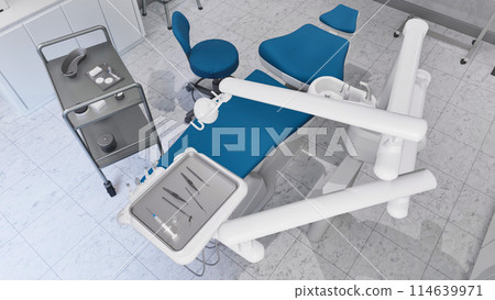High angle view of modern dental unit - empty dentist chair and medical equipment in bright clean dental clinic office interior. With no people dentistry surgery room 3D illustration from my 3D render High angle view of modern dental unit - empty dentist chair and medical equipment in bright clean dental clinic office interior. With no people dentistry surgery room 3D illustration from my 3D render 114639971