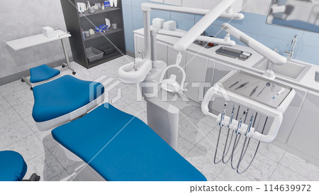 Empty dentist workplace - dental unit, comfortable chair and tools in bright clean interior of medical clinic office. Dentistry surgery room with modern equipment. With no people 3D illustration. 114639972