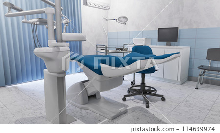 Empty interior of clean dentist clinic office with dental unit - comfortable chair and medical tools. Dentistry surgery room with modern equipment. With no people 3D illustration from my 3D rendering. Empty interior of clean dentist clinic office with dental unit - comfortable chair and medical tools. Dentistry surgery room with modern equipment. With no people 3D illustration from my 3D rendering. 114639974