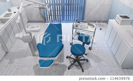 High angle view of empty dentist workplace - dental unit, chair and tools in bright interior of medical clinic office. Dentistry surgery room with modern equipment. With no people 3D illustration. High angle view of empty dentist workplace - dental unit, chair and tools in bright interior of medical clinic office. Dentistry surgery room with modern equipment. With no people 3D illustration. 114639976
