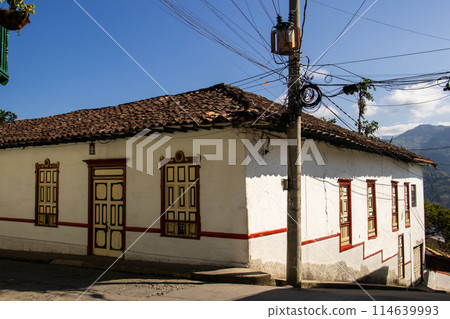 Beautiful streets at the historical downtown of the heritage town of Salamina located at the Caldas department in Colombia. 114639993