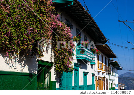Beautiful streets at the historical downtown of the heritage town of Salamina located at the Caldas department in Colombia. Beautiful streets at the historical downtown of the heritage town of Salamina located at the Caldas department in Colombia. 114639997