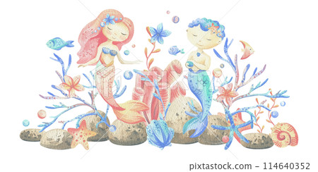 Mermaid little boy and girl with sea corals, algae, shells, starfish, fish, bubbles. Watercolor illustration hand drawn in coral, turquoise and blue colors. Composition isolated from the background. Mermaid little boy and girl with sea corals, algae, shells, starfish, fish, bubbles. Watercolor illustration hand drawn in coral, turquoise and blue colors. Composition isolated from the background. 114640352