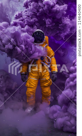 Astronaut in yellow space suit standing in purple smoke 114640400