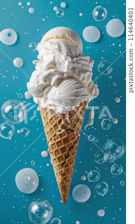 Ice cream cone with white icing on blue background 114640401
