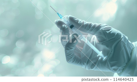 Person in white gloves holding a syringe 114640425