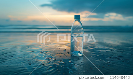 Bottle of water on sandy beach 114640443