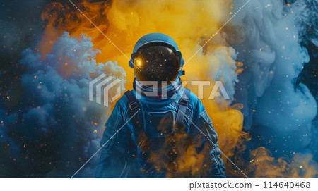Astronaut in Space Suit Standing in Front of Yellow and Blue Smoke 114640468