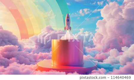 Rocket flying through clouds with rainbow in background 114640469