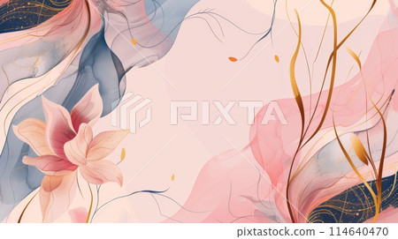 Abstract Pink and Blue Flowers with Golden Lines on Watercolor Background 114640470