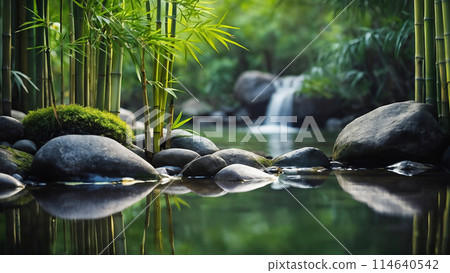 Stones, bamboo stems over water background 114640542