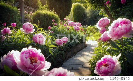 Pink peony flowers garden, pathway 114640545