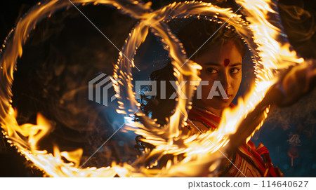 a young beautiful fire dancer at a summer music festival a young beautiful fire dancer at a summer music festival 114640627