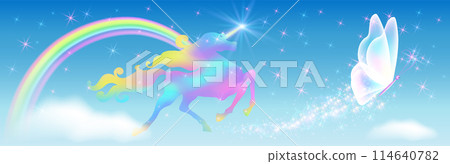 Galloping iridescent unicorn with luxurious winding mane and flying butterfly against the background of the fantasy universe with sparkling stars, clouds and rainbow 114640782