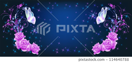 Delightful magical butterflies with pink roses on night sky background among shiny glowing sparkle stars in cosmic space. Love and romance concept. Delightful magical butterflies with pink roses on night sky background among shiny glowing sparkle stars in cosmic space. Love and romance concept. 114640788